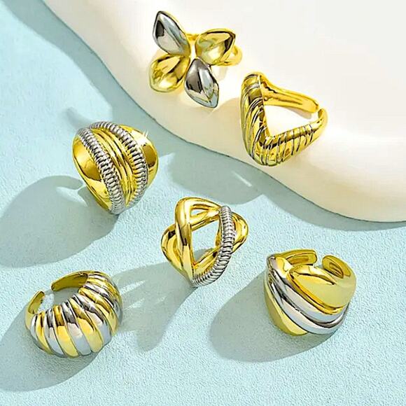 Stainless Steel Statement Ring, Boho Gold Silver Two Tone Exaggerated Big Large - Picture 2 of 4